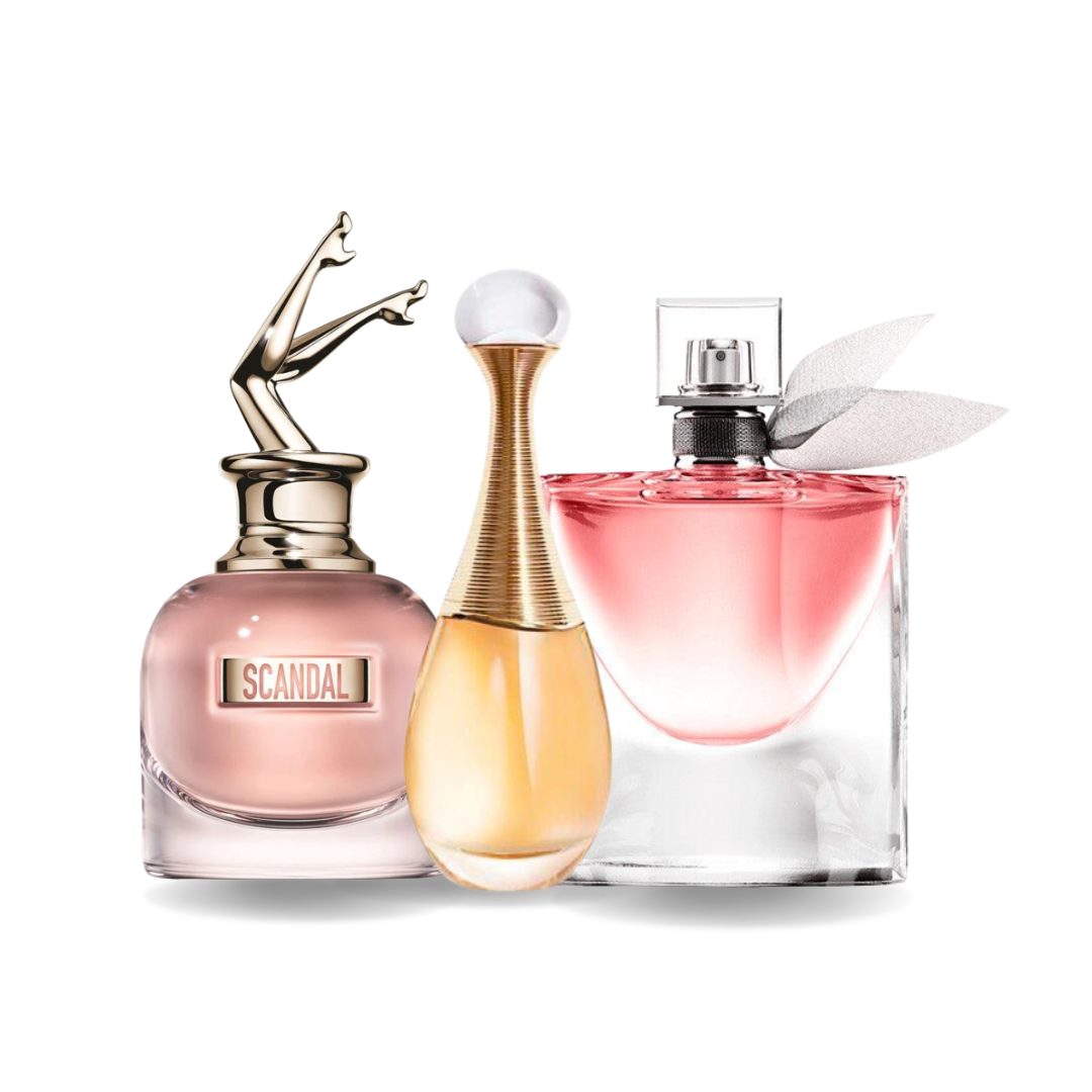 Trio de Fragancias de Lujo: Jean Paul Gaultier SCANDAL, Dior J'ADORE y Lancôme LA VIE EST BELLE (Eau de Parfum)