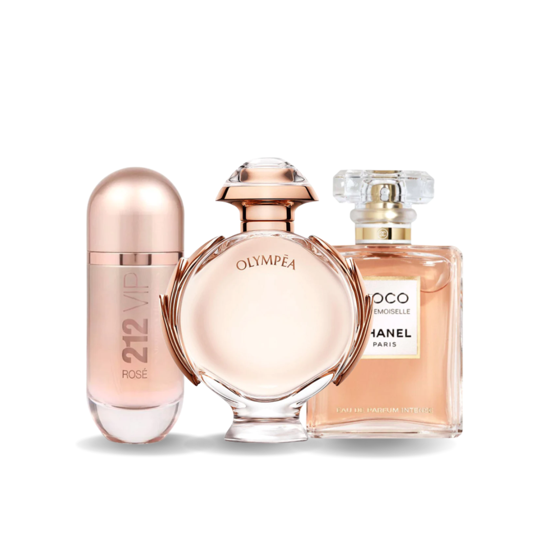 Set of 3 Exquisite Perfumes: Carolina Herrera 212 VIP Rosé, Paco Rabanne Olympea, and Chanel Coco Mademoiselle (Eau de Parfum)