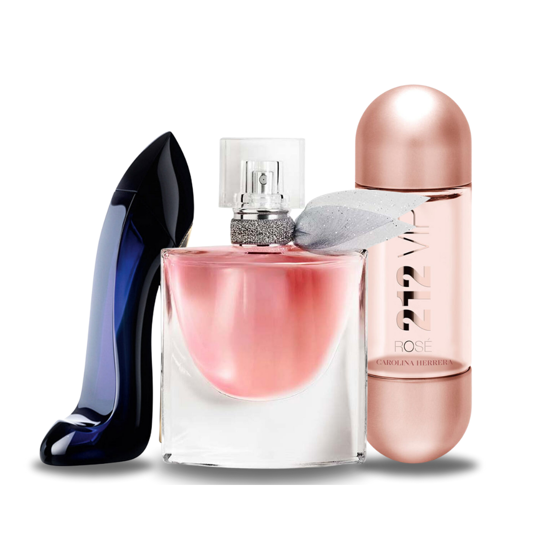Trio de Fragrâncias Luxuosas: Carolina Herrera GOOD GIRL, Lancôme LA VIE EST BELLE e Carolina Herrera 212 VIP ROSÉ (Eau de Parfum)