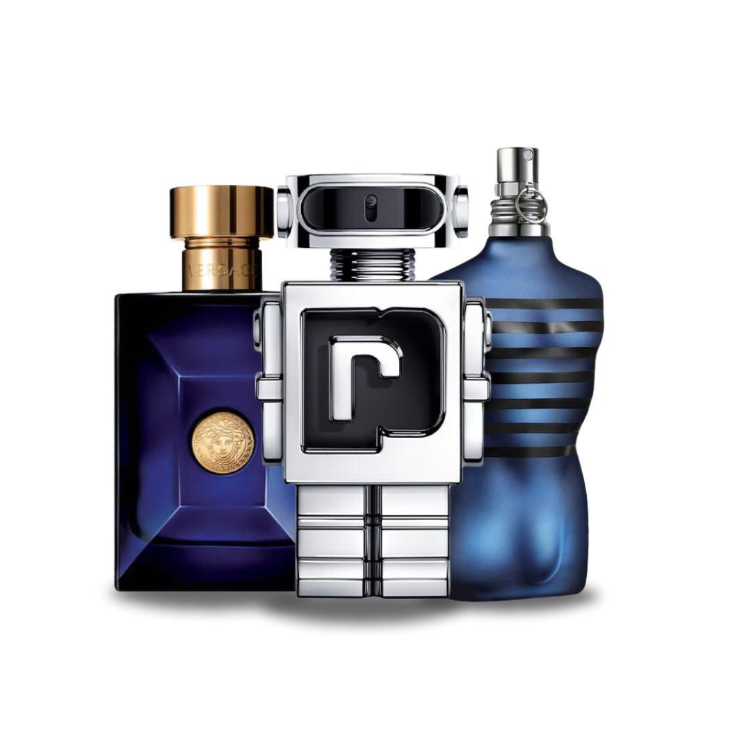 Trio de Perfumes de Luxo: Versace DYLAN BLUE, Paco Rabanne PHANTOM e Jean Paul Gaultier ULTRA MALE (Eau de Parfum)
